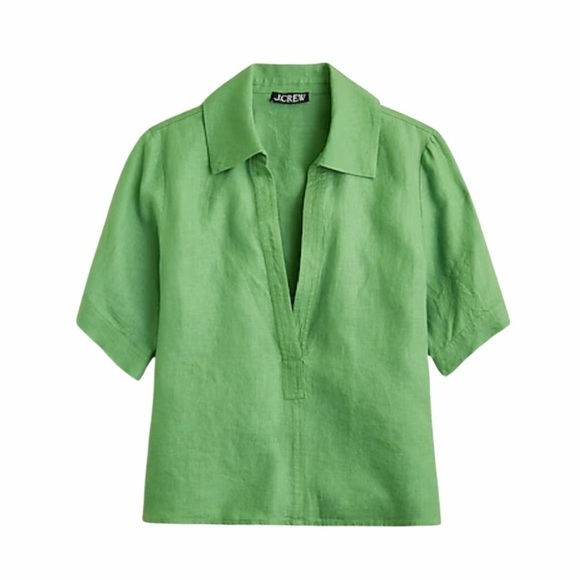 J. Crew Tops - J. Crew Bungalow Popover Green Linen Split V-Neck Short Sleeve Top